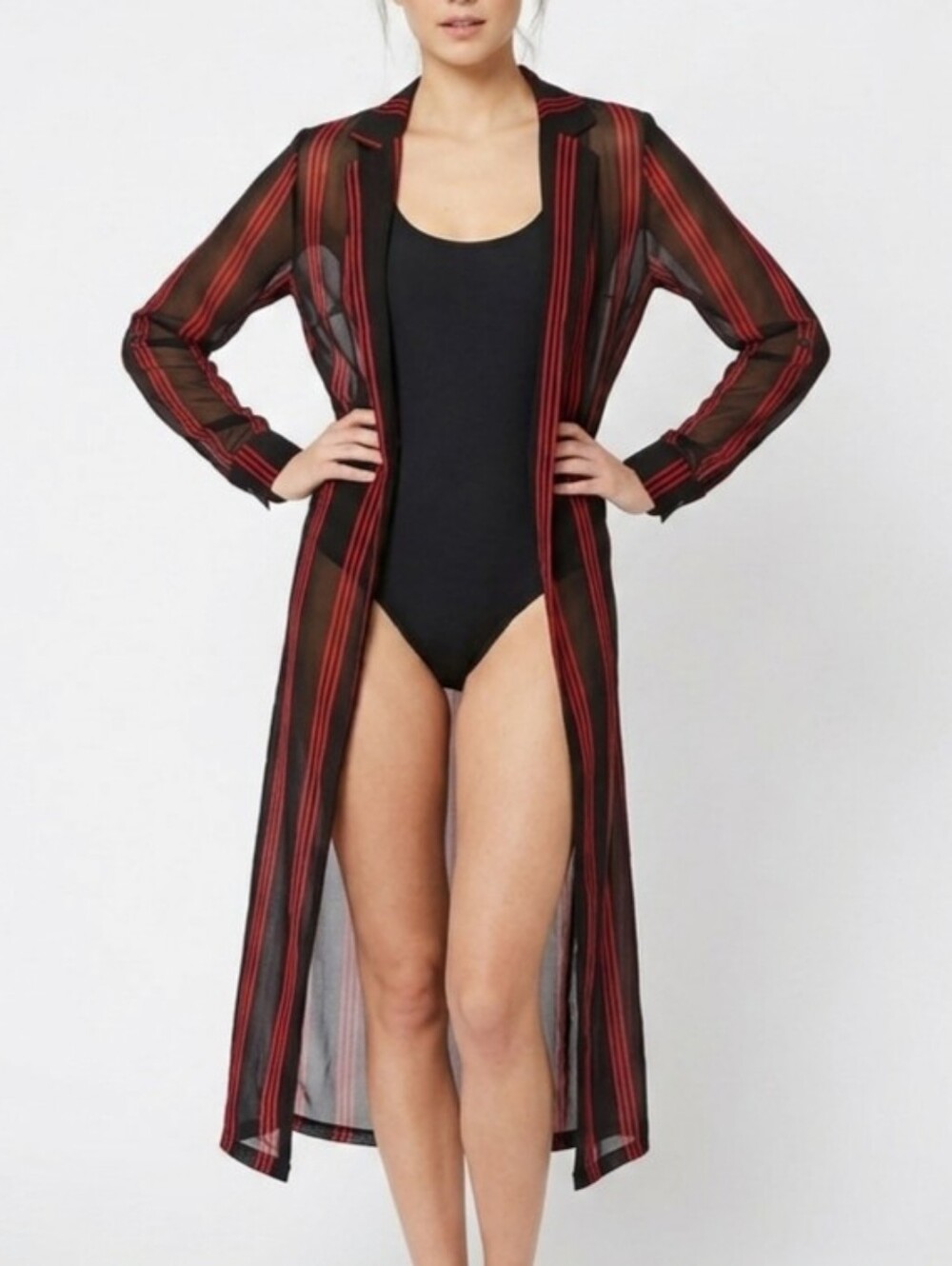 Charlotte Russe Black & Red Summer Lightweight Striped Sheer Top/Coverup- XS